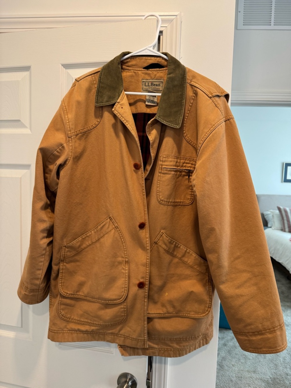 L.L. Bean Tan Canvas Field Coat with Olive Corduroy Collar